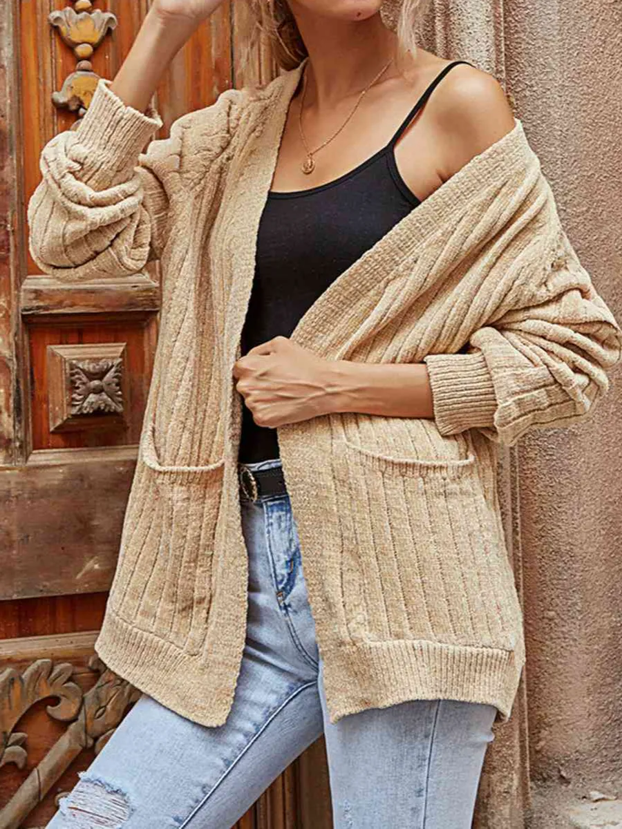 Ribbed Open-Front Long-Sleeve Cardigan with Pockets
