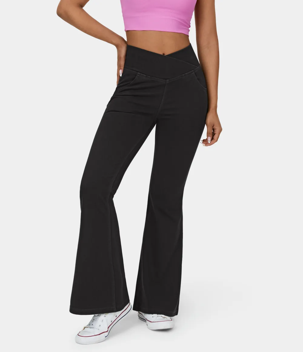Magic High Waisted Crossover Pocket Washed Stretchy Knit Casual Super Flare Jeans