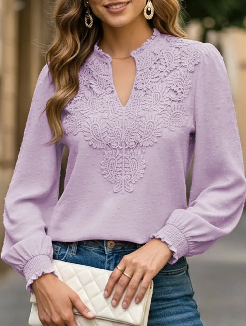 Breezy Lace Detail V Neck Blouse
