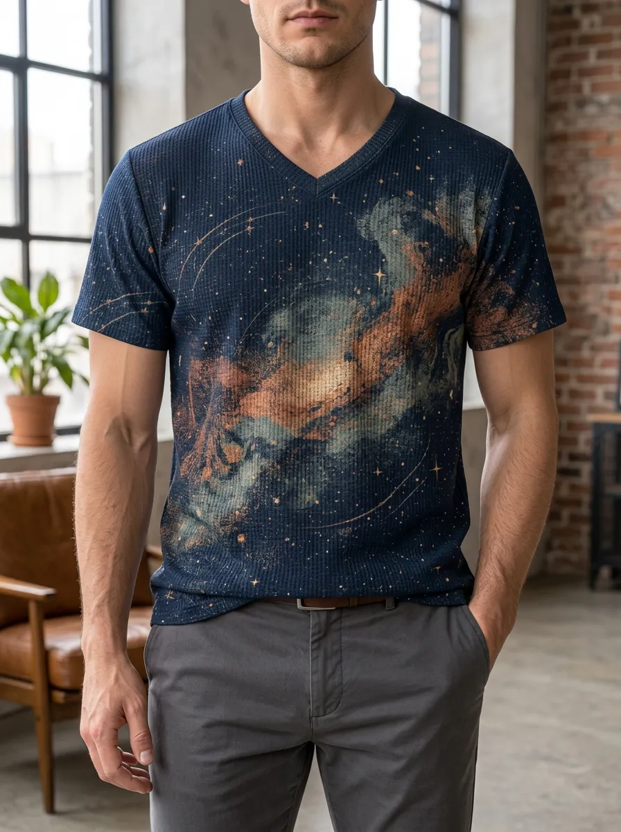 Men's Galaxy Nebula Space Printed V-Neck T-Shirt