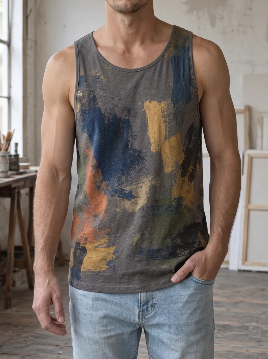 Men's Abstract Art Brushstroke Linear Tank Top