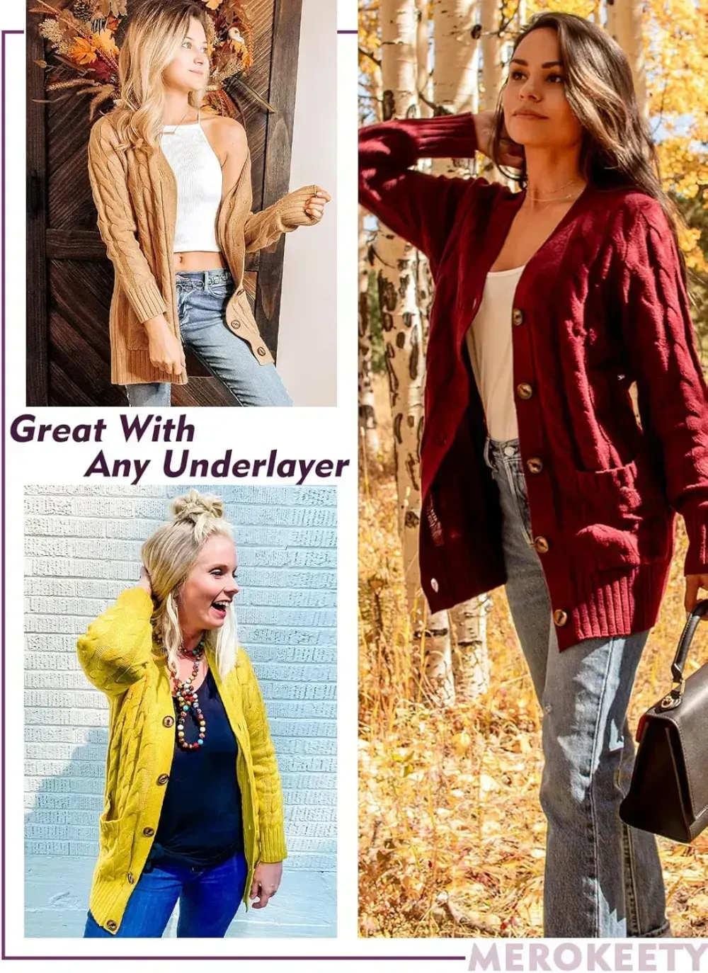 MEROKEETY Women's 2024 Fall Long Sleeve Cable Knit Sweater Open Front Cardigan Button Loose Outerwear