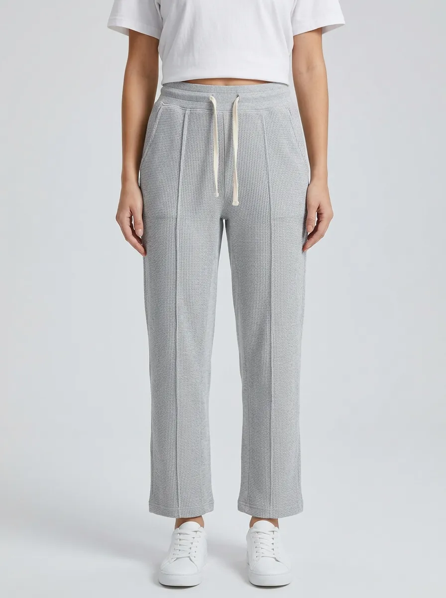 Women's Casual Waffle Knit Drawstring Grey Lounge Pants