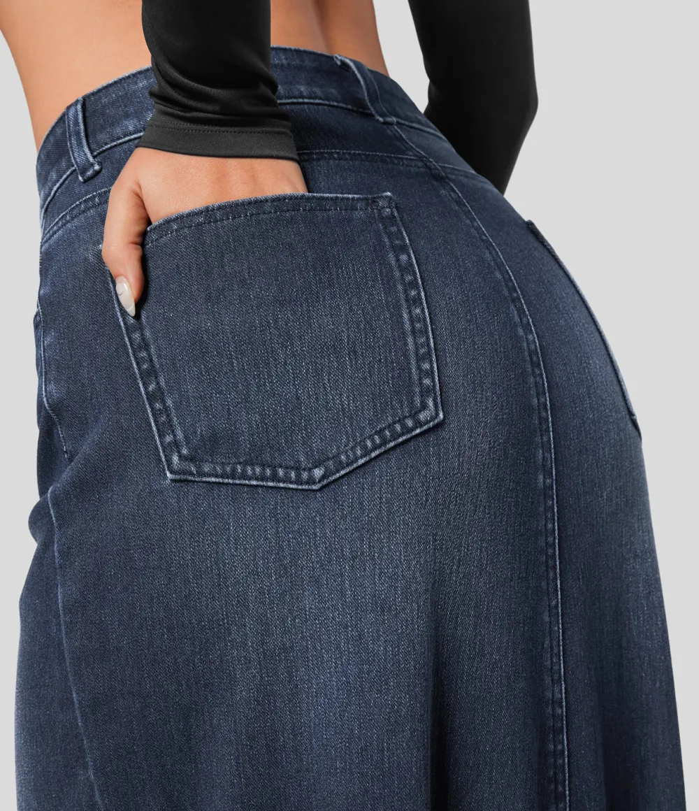 Magic Mid Rise Button Zipper Multiple Pockets Split A Line Stretchy Knit Denim Maxi Casual Skirt