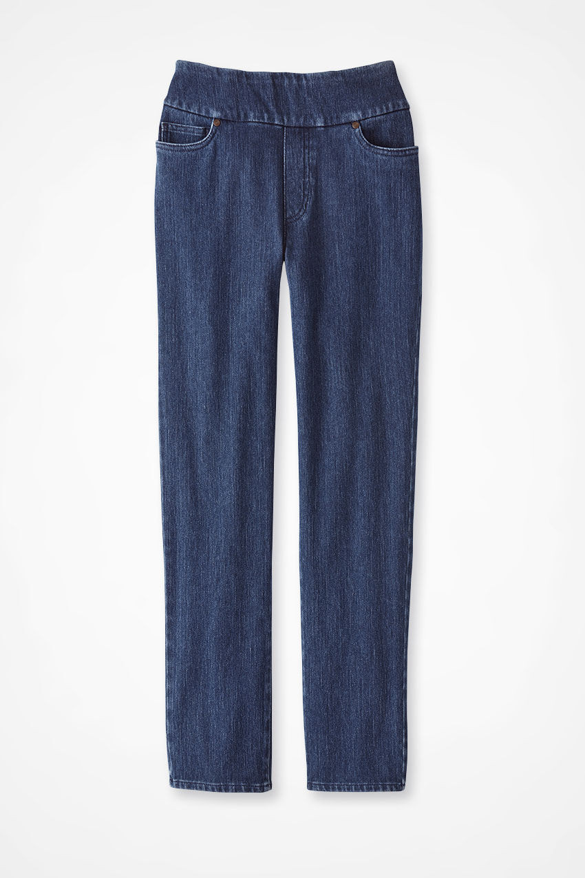 Knit Denim Mid Rise Slim-Leg Ankle Jeans
