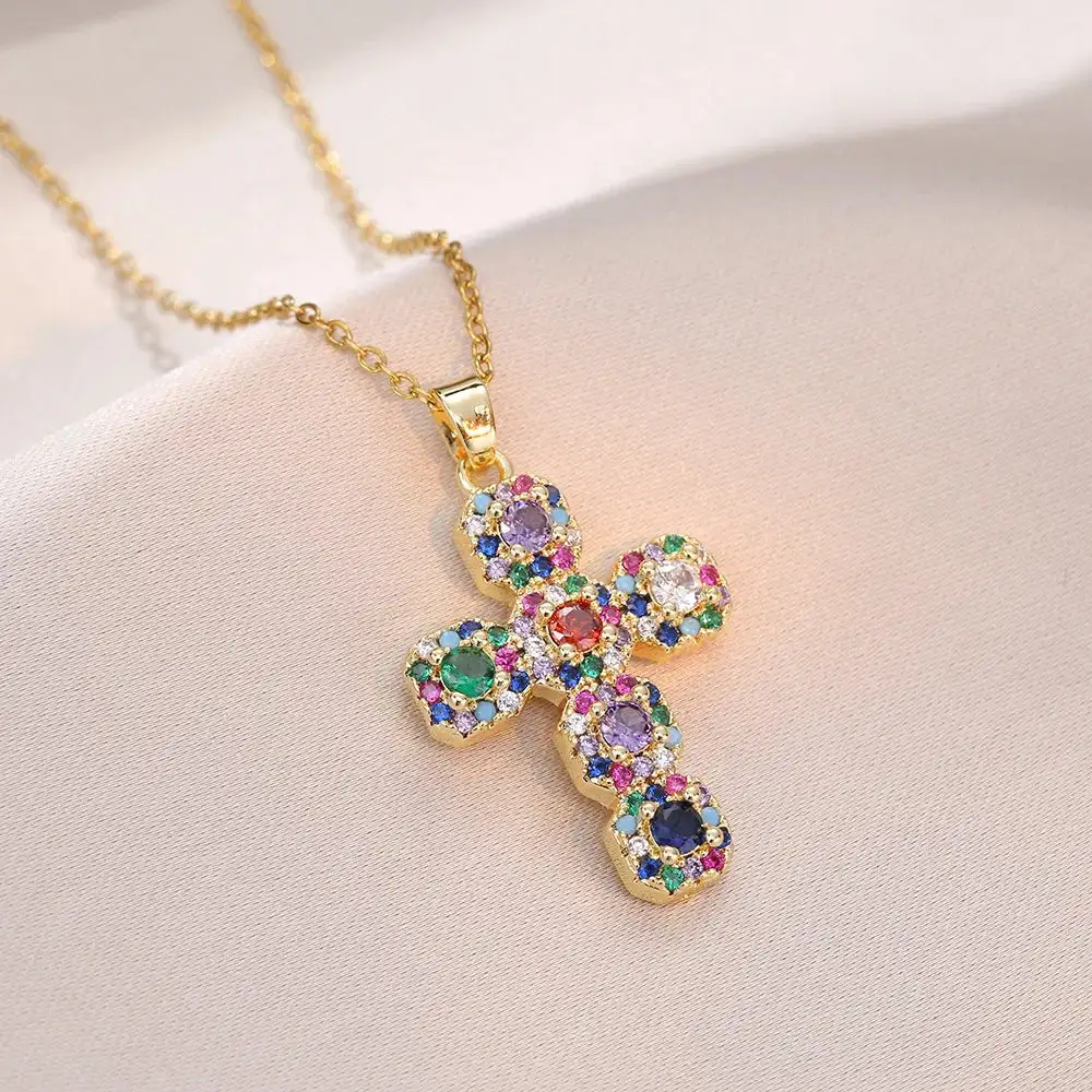Classic Stainless Steel Zircon Cross Pendant Fashion Necklace