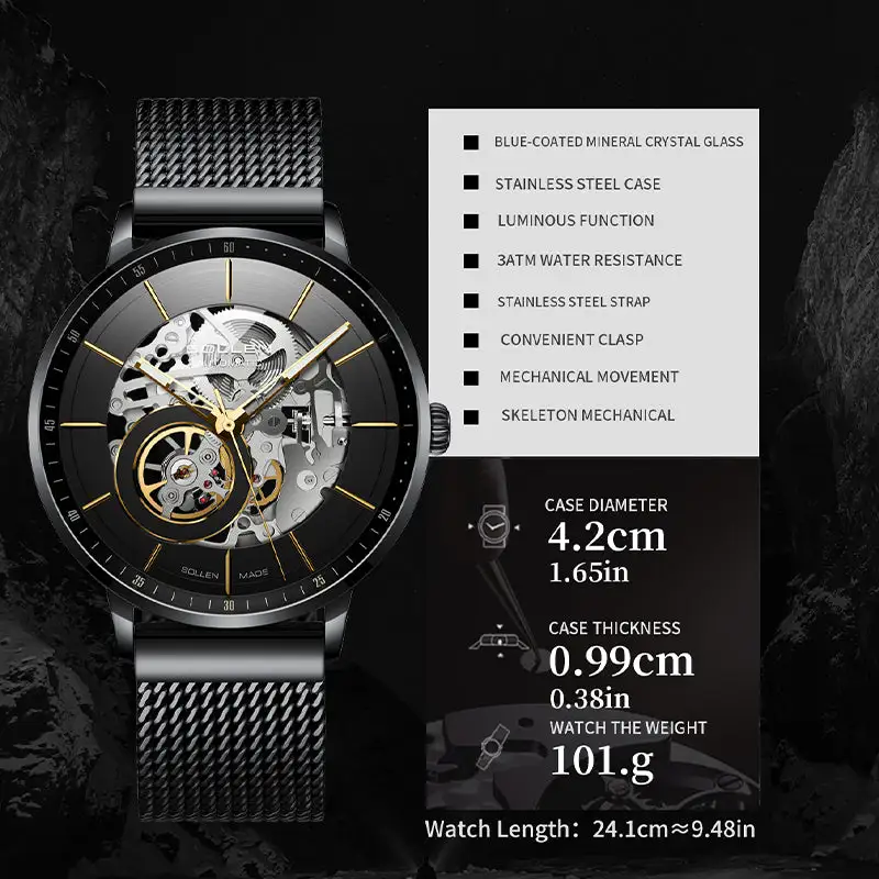 Sollen SL316 Men's Open Heart Full Skeleton Automatic Mechanical Watch - 42mm Stainless Steel Case Slim 9.9mm Acrylic Dial Wristwatch