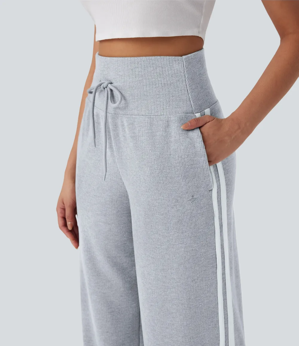2026🔥  Ribbed SoCinched High Waisted Tummy Control Drawstring Wide Leg Color Block Casual Trousers with Pockets