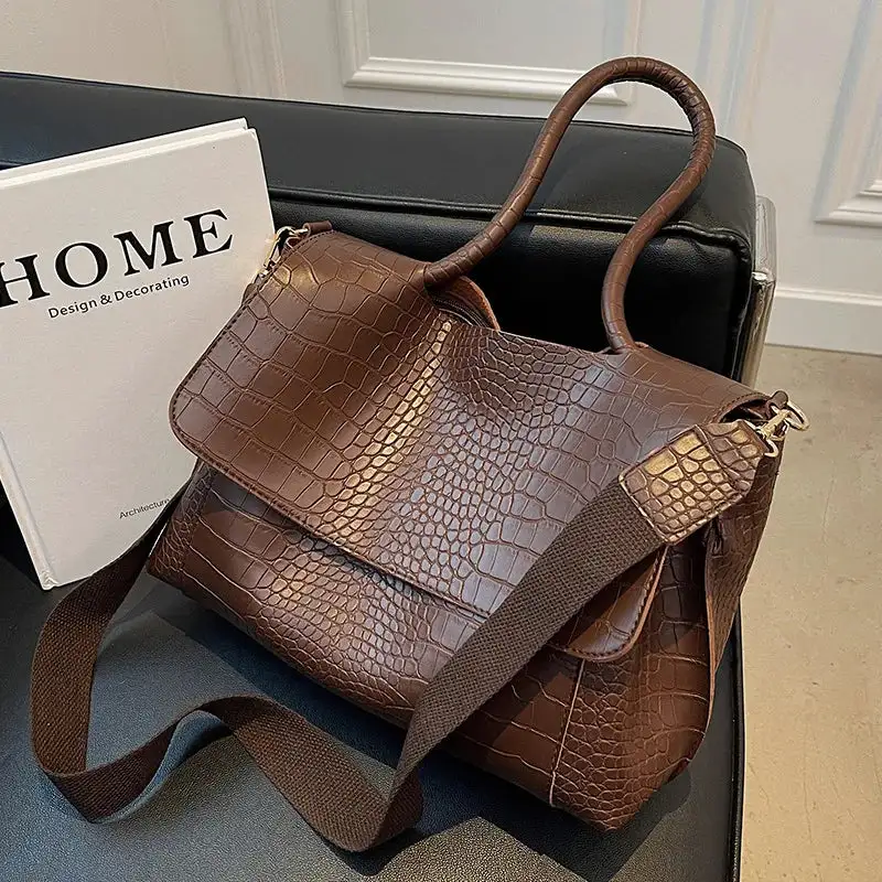 Chic Espresso Croc Embossed Shoulder Bag