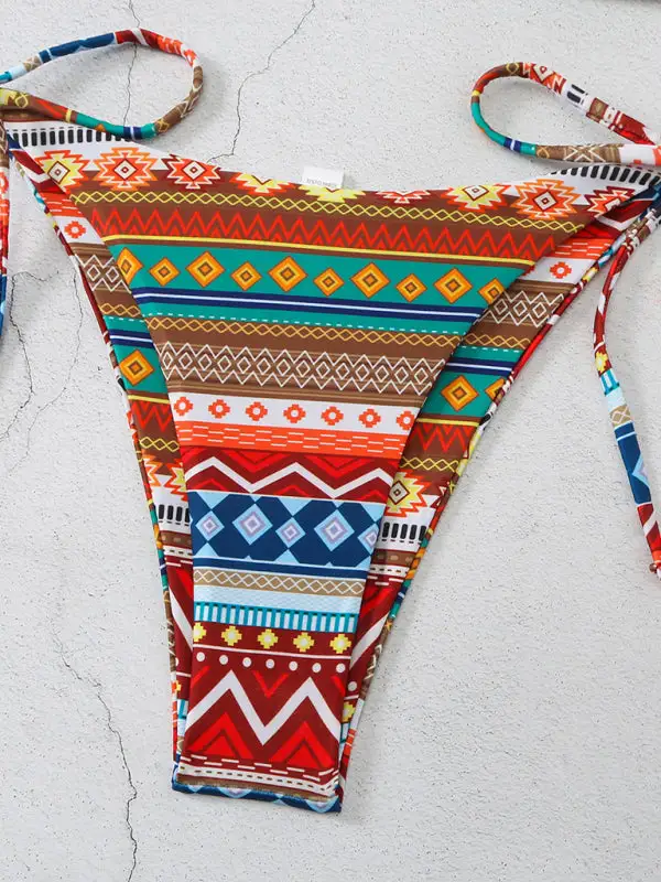 Halterneck Lace Up Adjustable Briefs Printed Swim Set