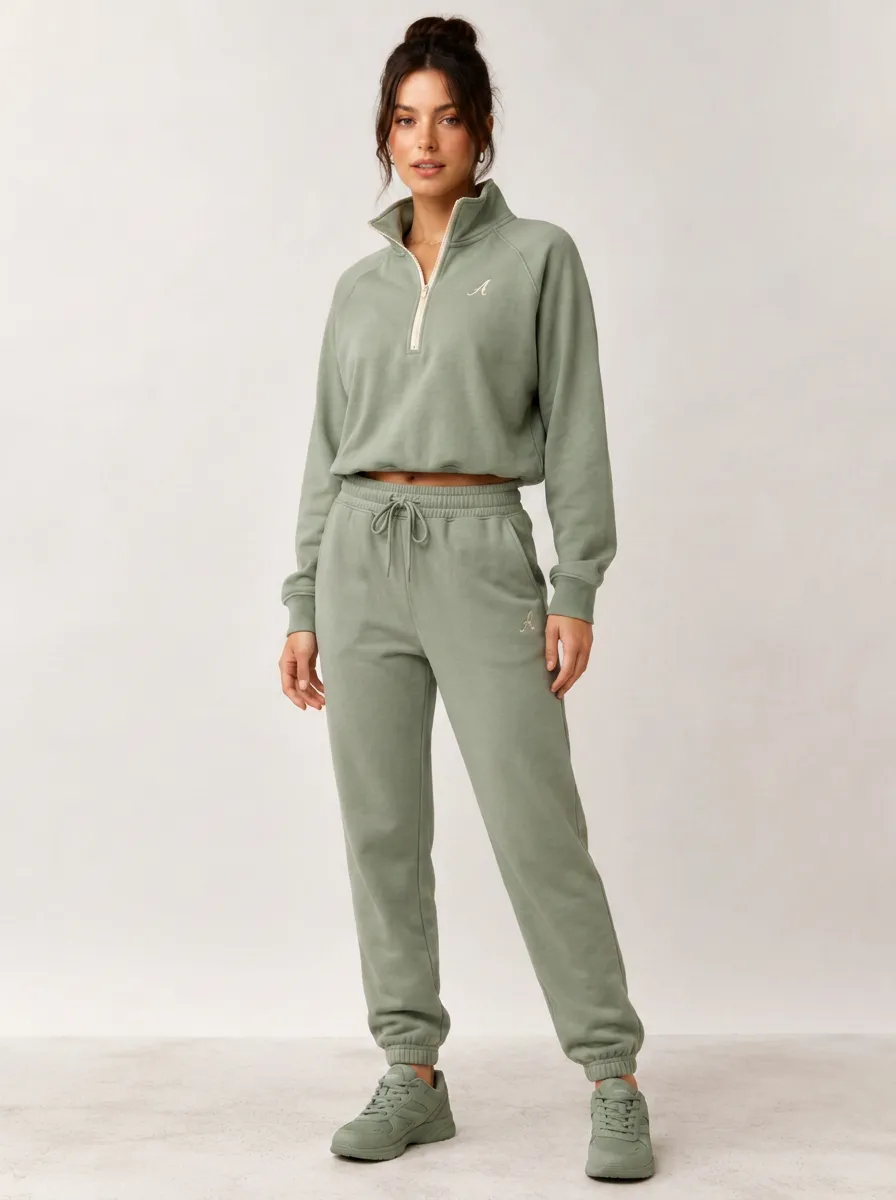 Women's Sage Green Minimalist Letter A Embroidered Quarter Zip Jogger Set