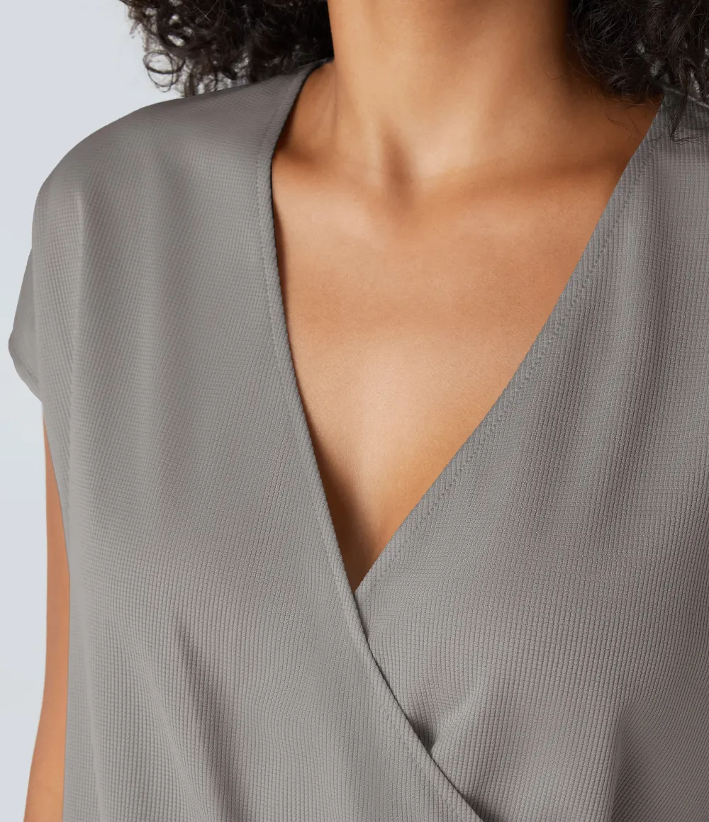 V Neck Short Sleeve Pocket Waffle Casual Romper