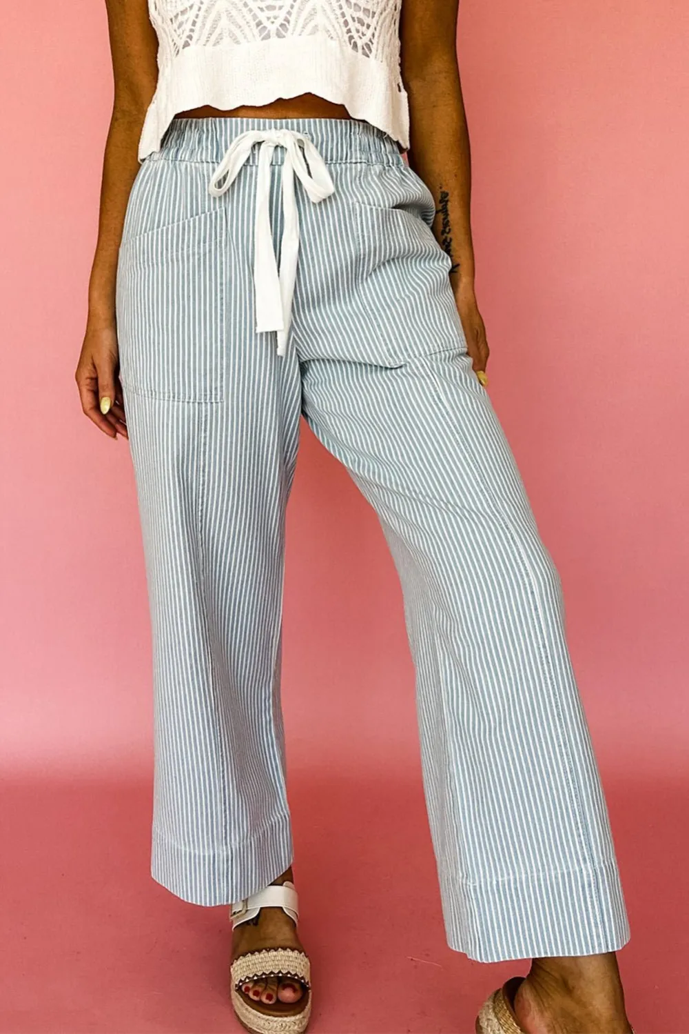 Striped Mid Rise Drawstring Pocketed Casual Jeans