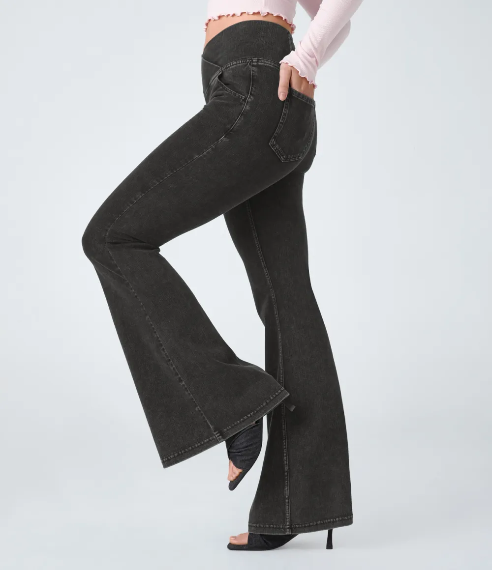 Magic High Waisted Crossover Pocket Cool Touch Washed Stretchy Knit Casual Super Flare Jeans