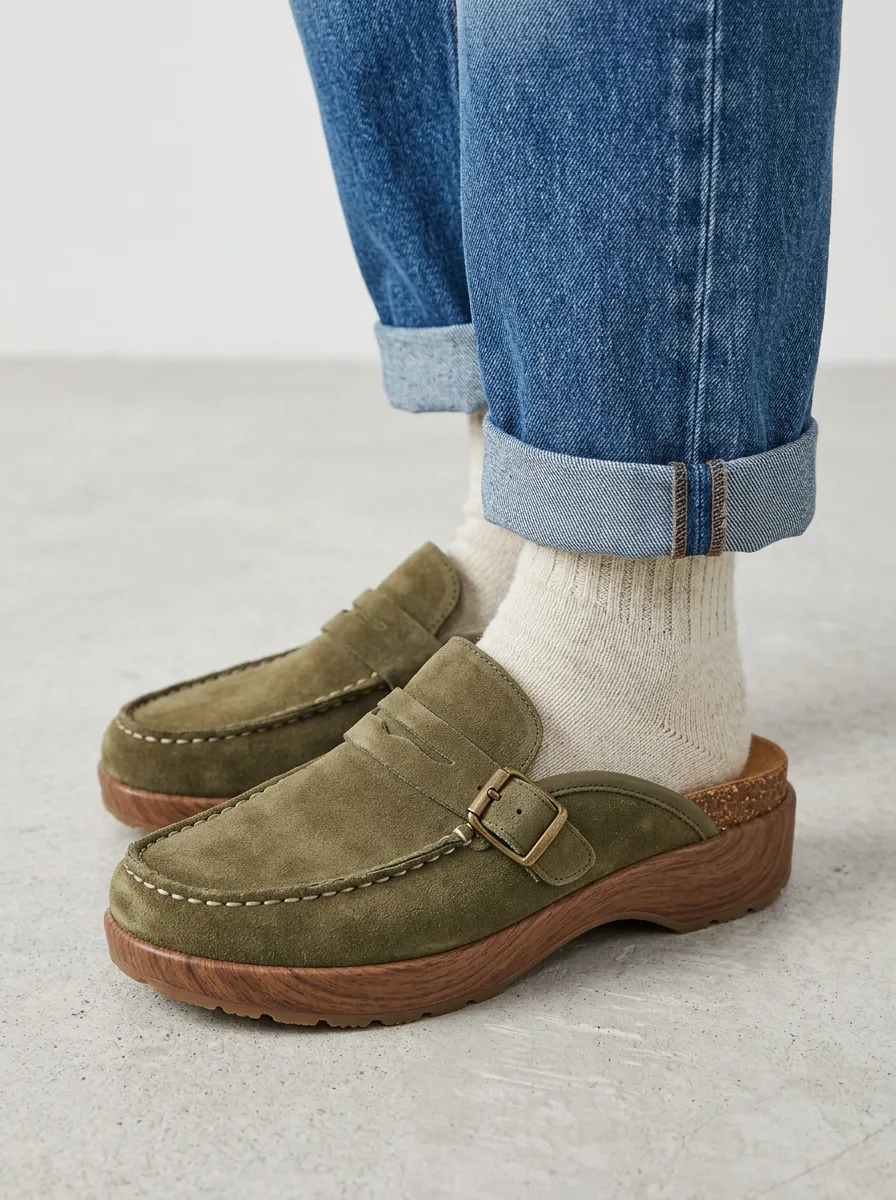 Women's Classic Buckle Detail Suede Wood Sole Loafers