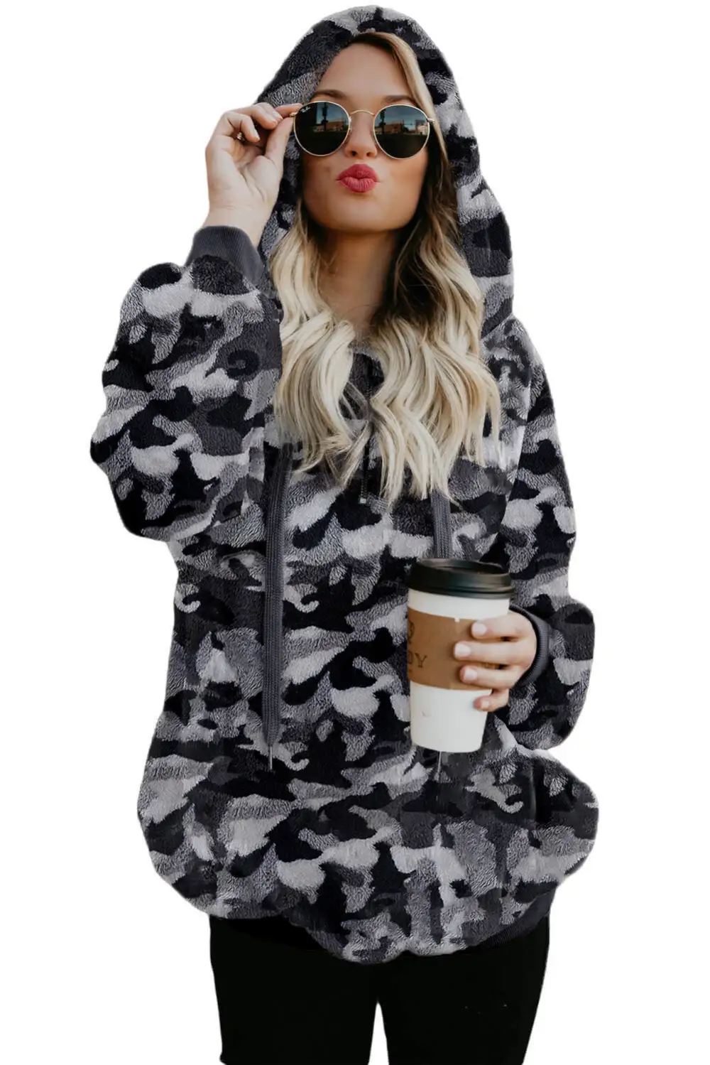 Camo Print Warm Furry Hoodie