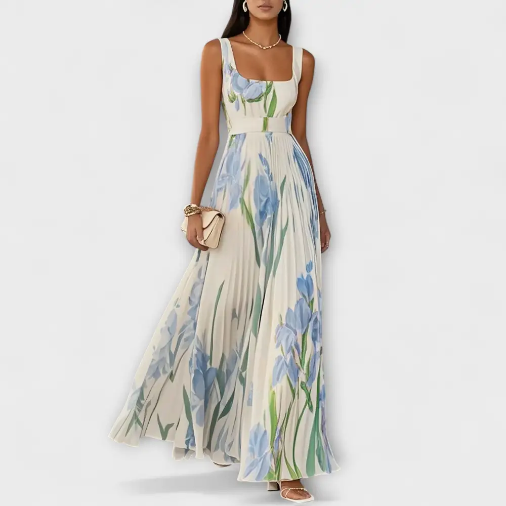 Floral Pleated Chiffon Maxi Dress