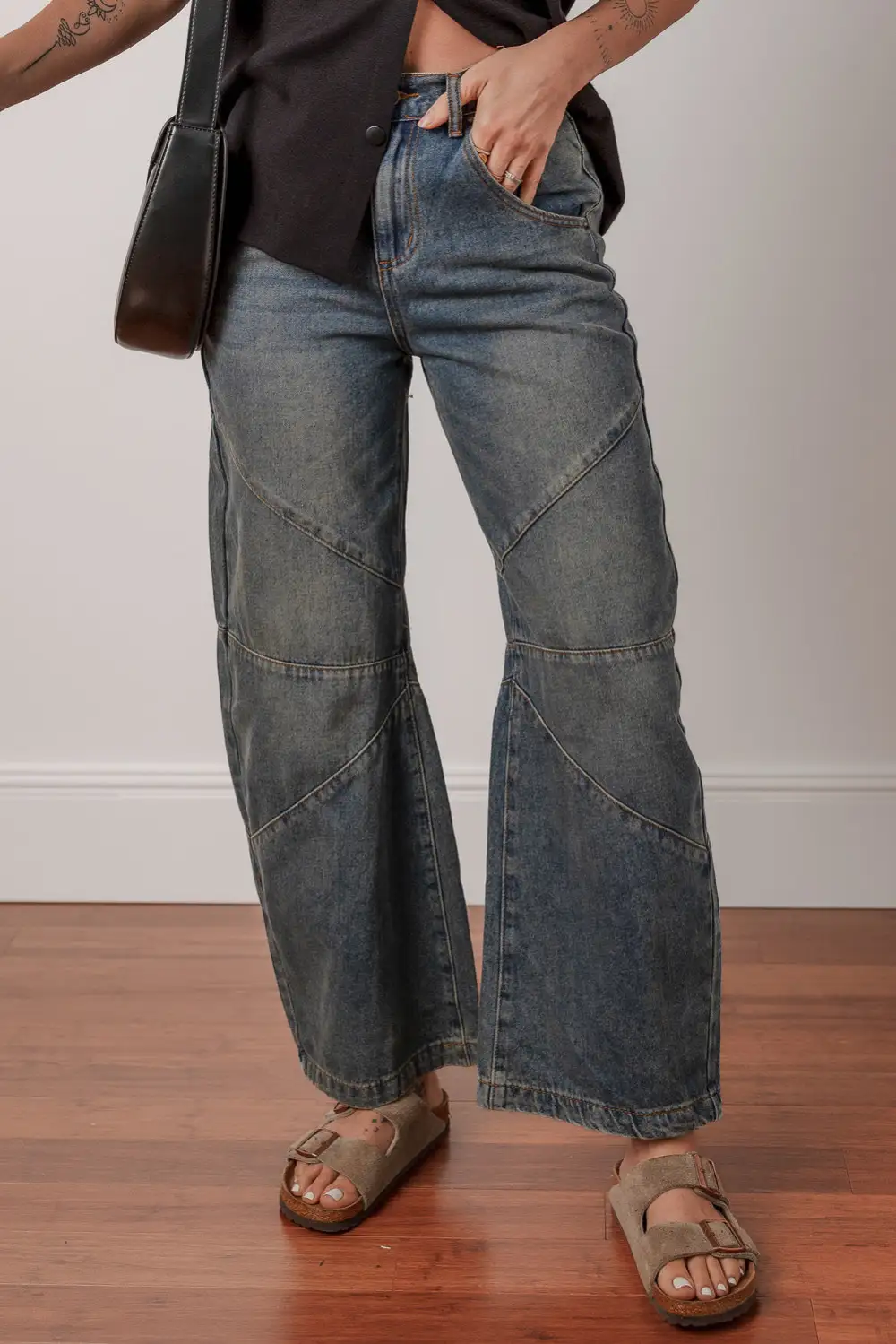 Women's Exposed Stitching Loose Straight High Waist Barrel Jeans