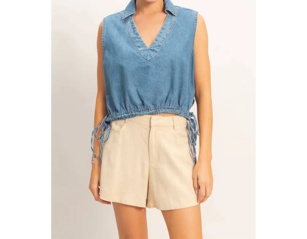 Collared V-Neck Drawstring Tank