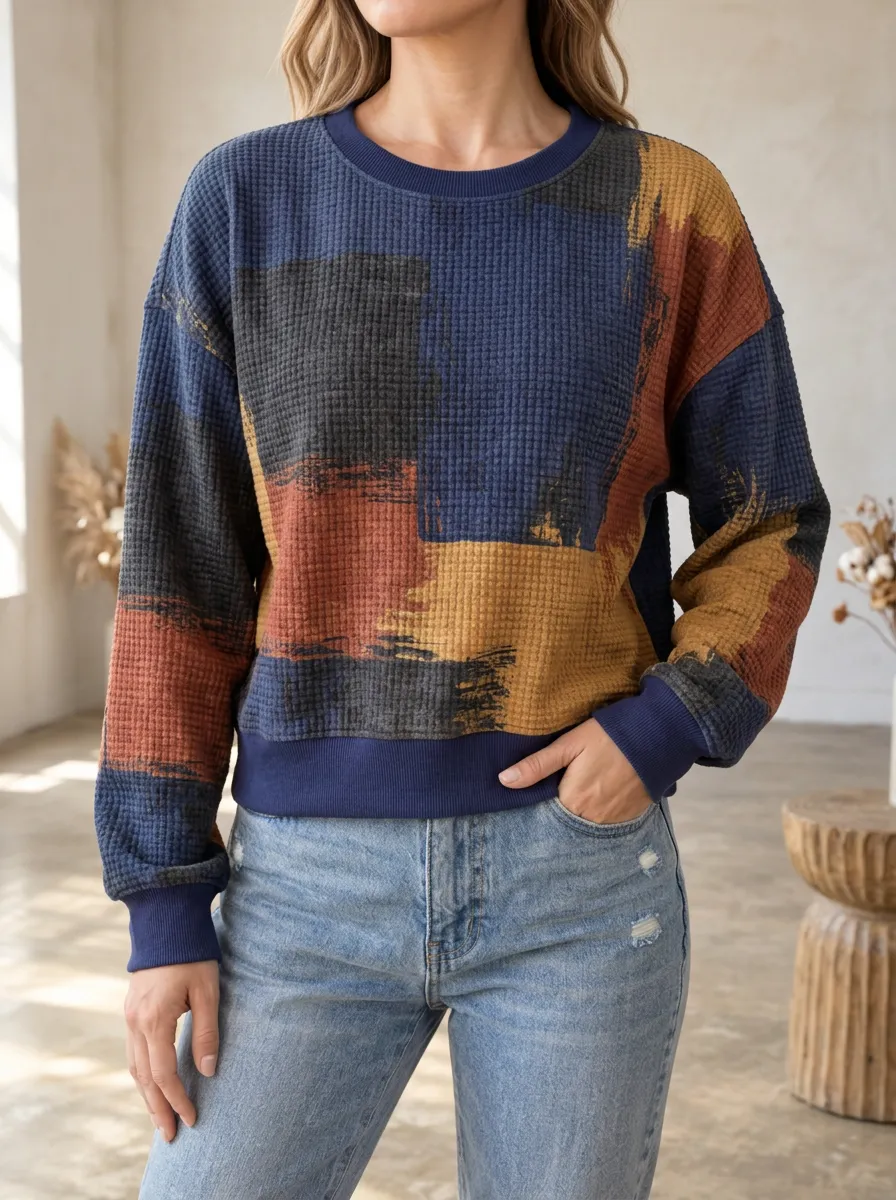 Women's Colorblock Abstract Brushstroke Printed Waffle Knit Sweatshirt