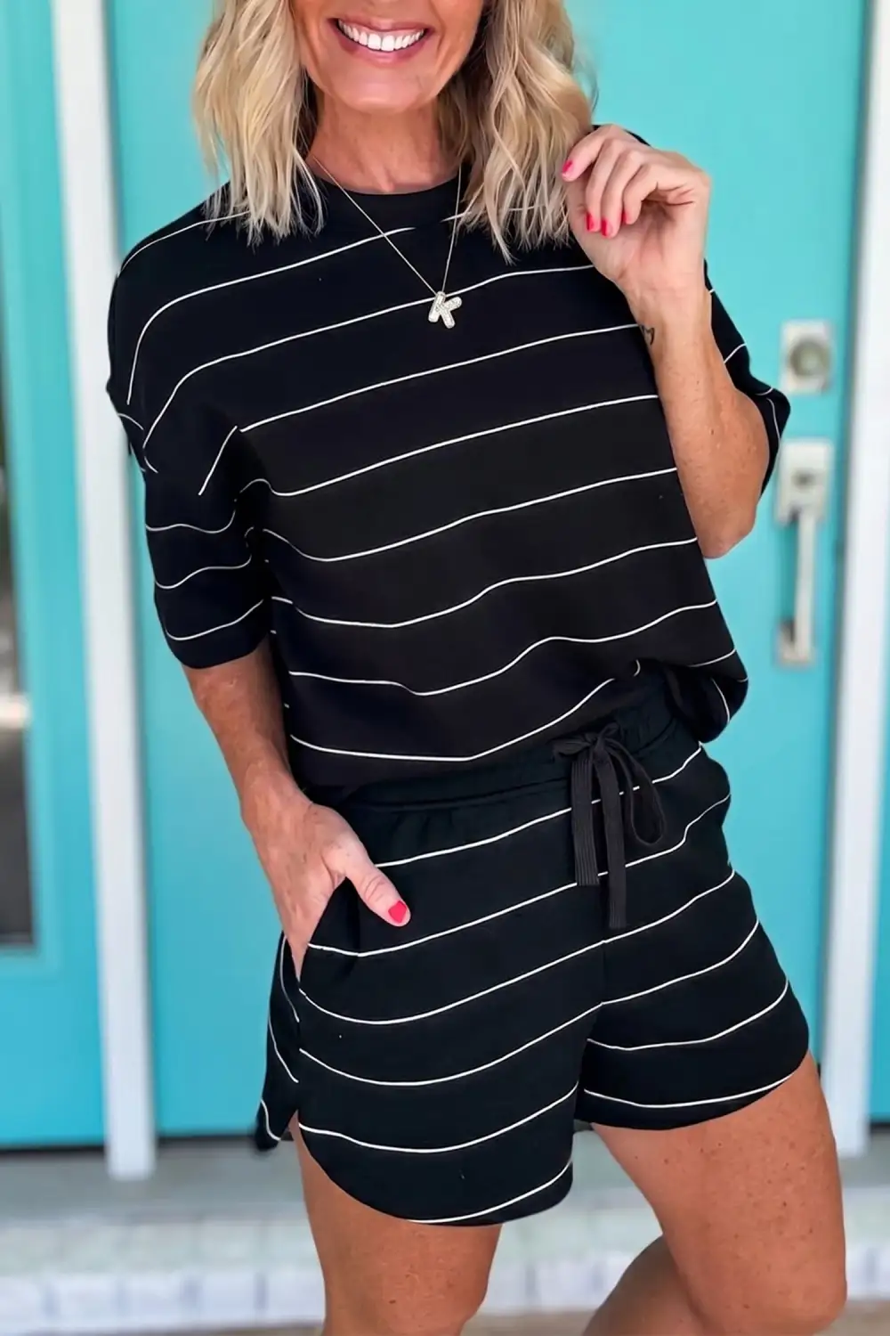 Stripe Sleeve Relaxed Shorts Lounge Set Layer