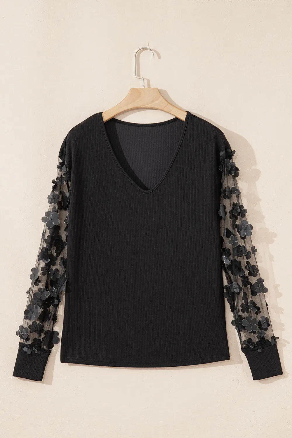 Black Flower Applique Mesh Long Sleeve Blouse