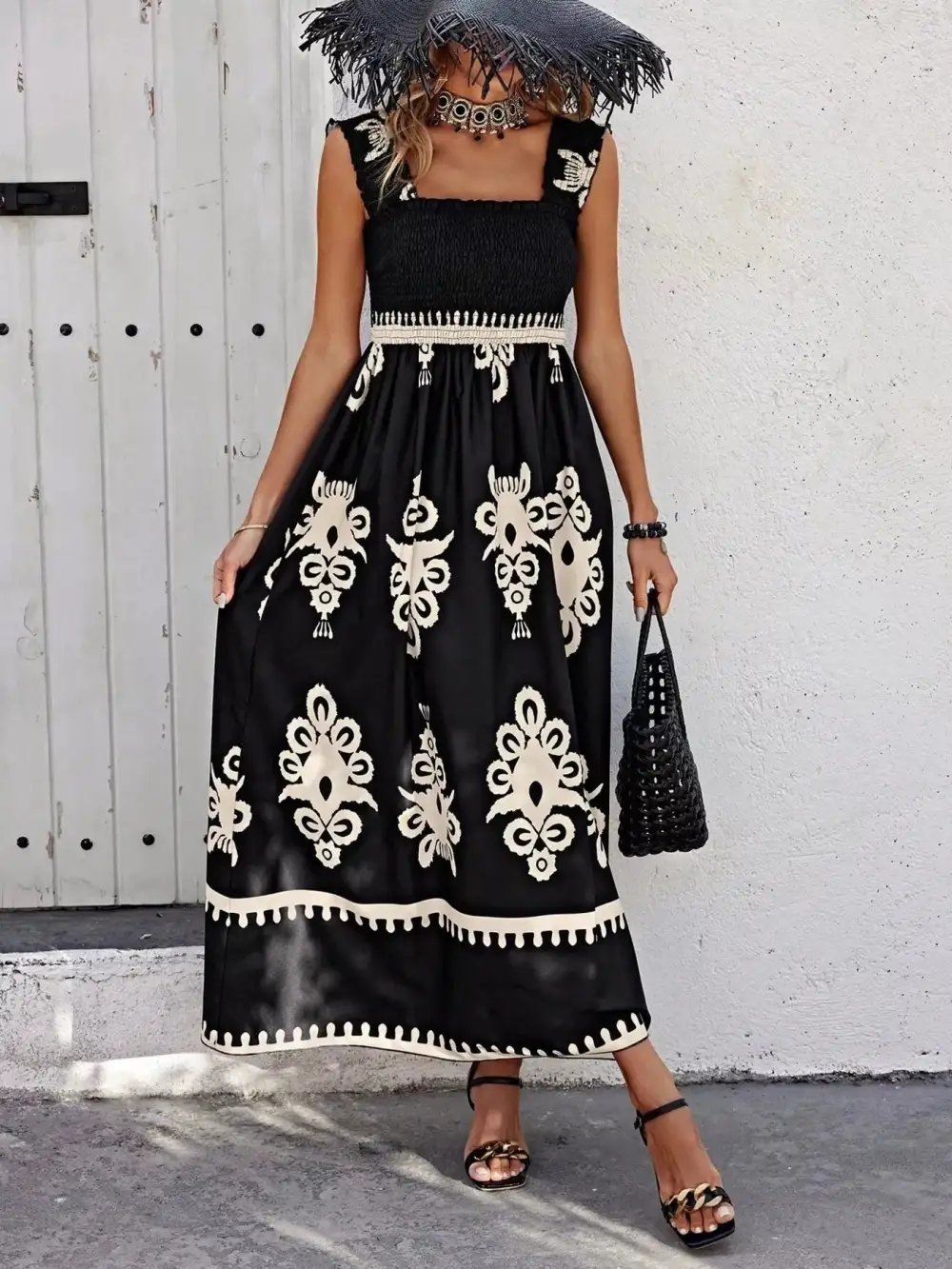 Smocked Printed Square Neck Maxi Dress