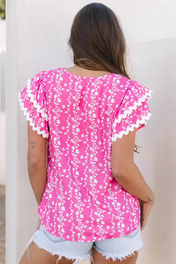 Women's Floral Print Ruffled Ricrac Trim Top