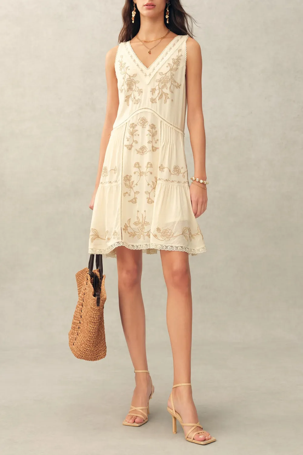 Sleeveless Lace Embroidered Floral Acetate Blend Mini Dress