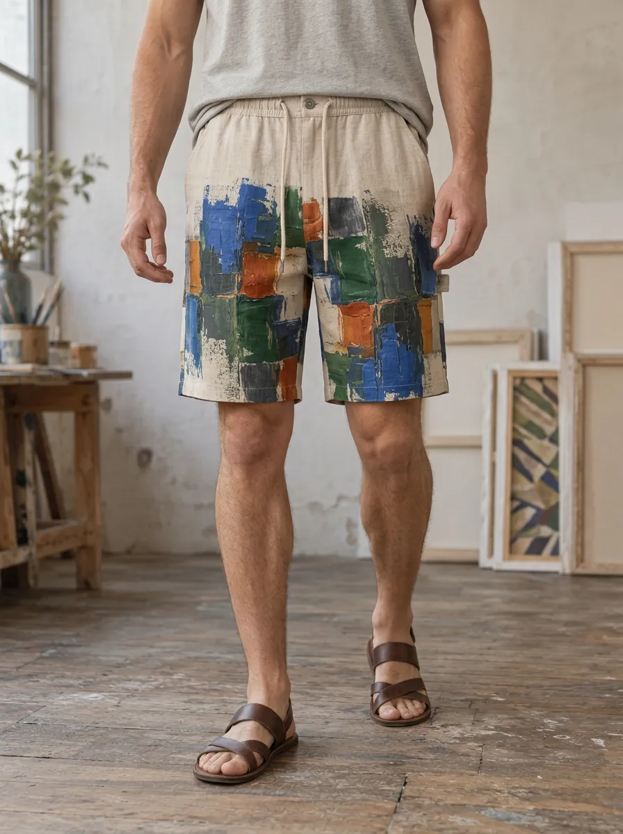 Men's Abstract Oil Painting Block Drawstring Shorts