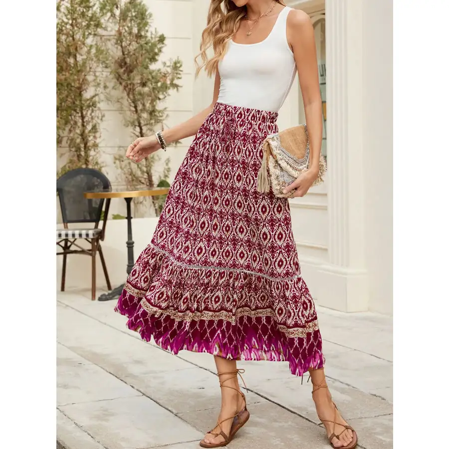 Bohemian Printed Ruched Maxi Skirt