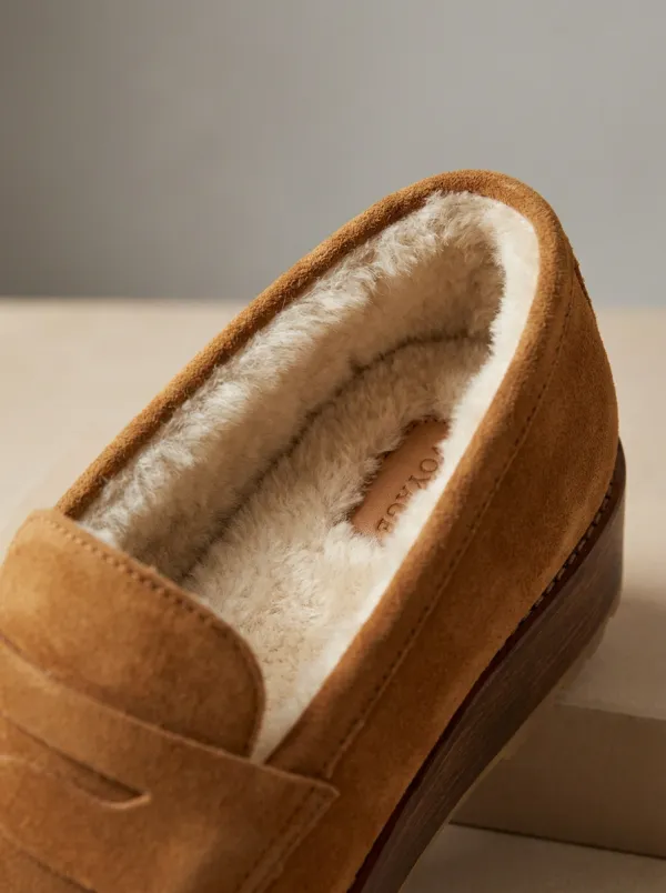 Women's Rugged Faux Fur Lined Platform Winter Suede Wood Sole Loafers