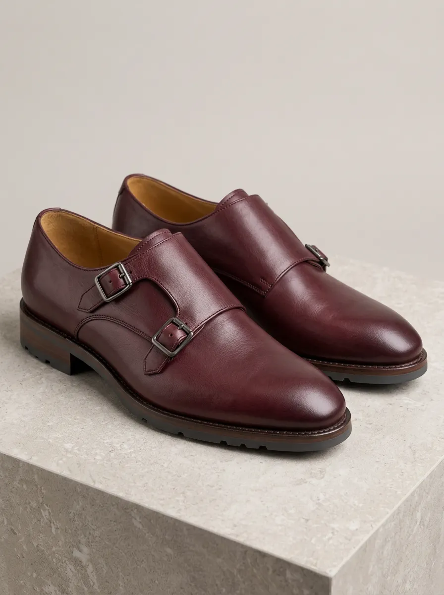 Men's Burgundy Leather Monk Strap Dress Shoes with Everyday Styling