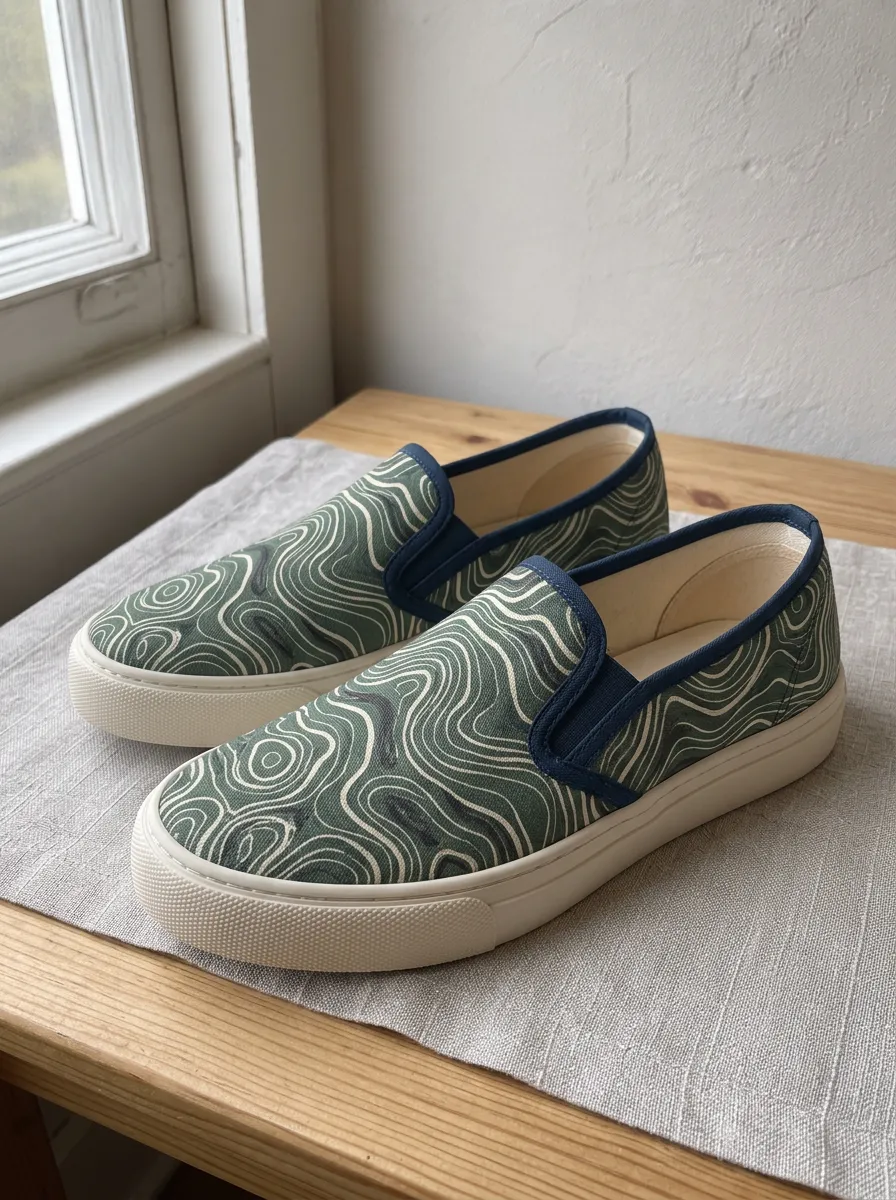 Men's Abstract Topographic Pattern Printed Canvas Slip-on Shoes