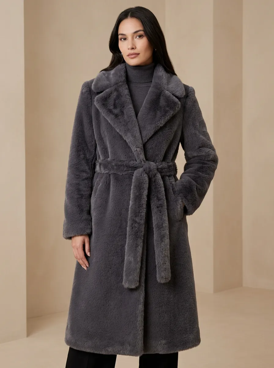 Waist Faux Fur Belted Coat
