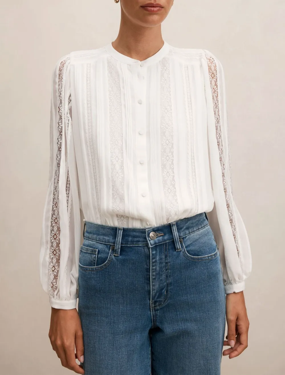 White Lace Trim Long Sleeve Button Blouse