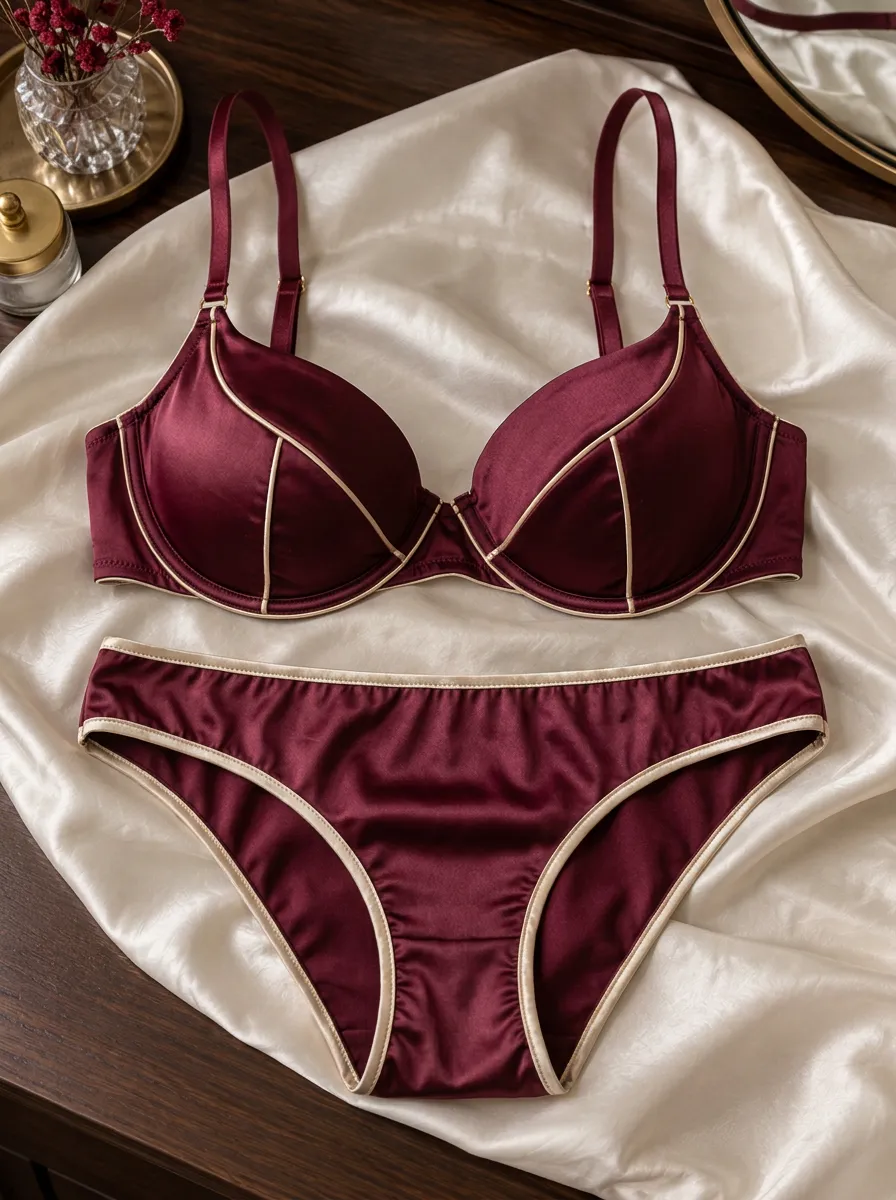 Women's Satin Contrast Trim Contrast Classic Coverage Lingerie Set