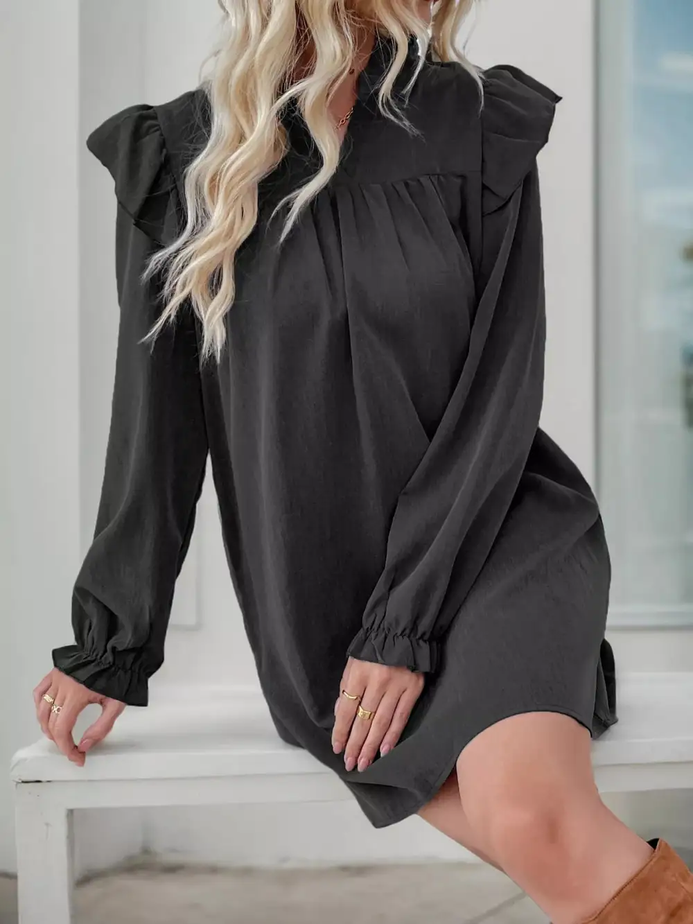 Smooth Finish Ruffle Long Sleeve Dress