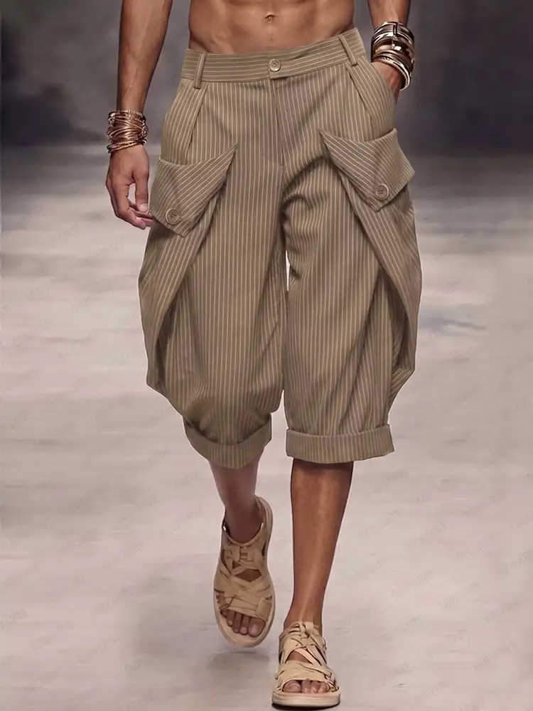 Casual Pinstripe Rolled Hem Cargo Shorts