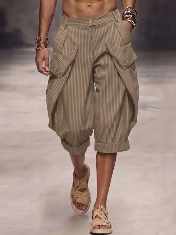 Casual Pinstripe Rolled Hem Cargo Shorts