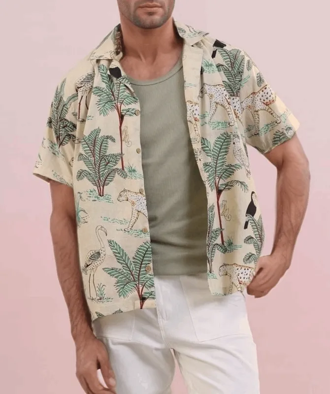 Beige Jungle Print Mulmul Cotton Camp Collar Shirt
