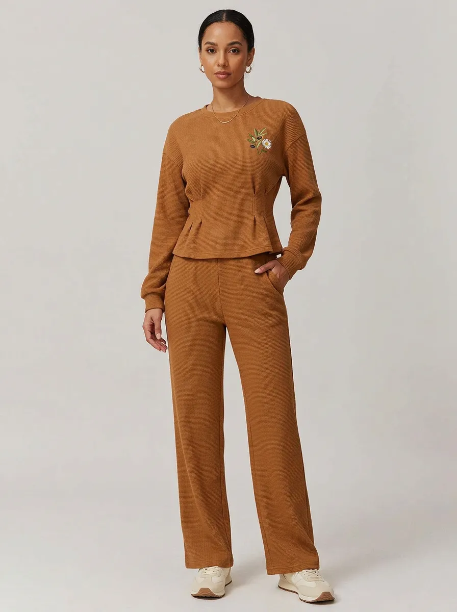 Women's Waffle-Knit Track Jacket & Straight-Leg Pants Daisy Set