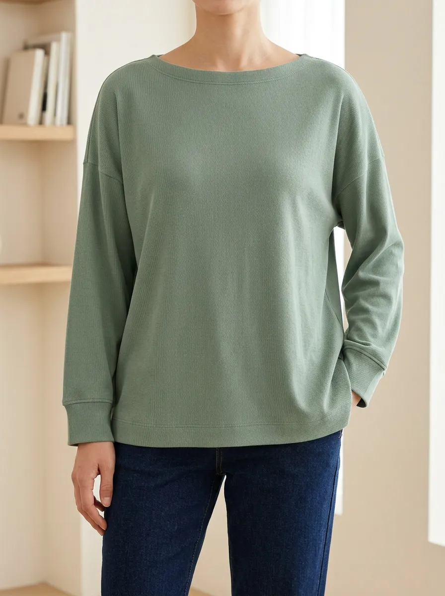 Boat Neck Ribbed Texture Women's Long Sleeve Tee