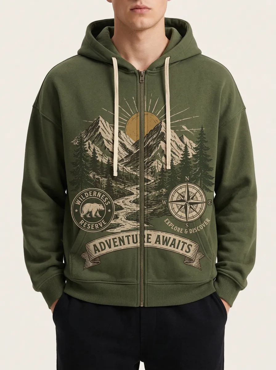 Men's Adventure Wilderness Bear Compass Printed Zip Hoodie