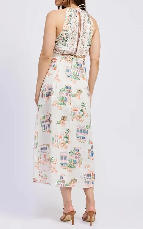 Women's White Floral Print Slit Midi Dress