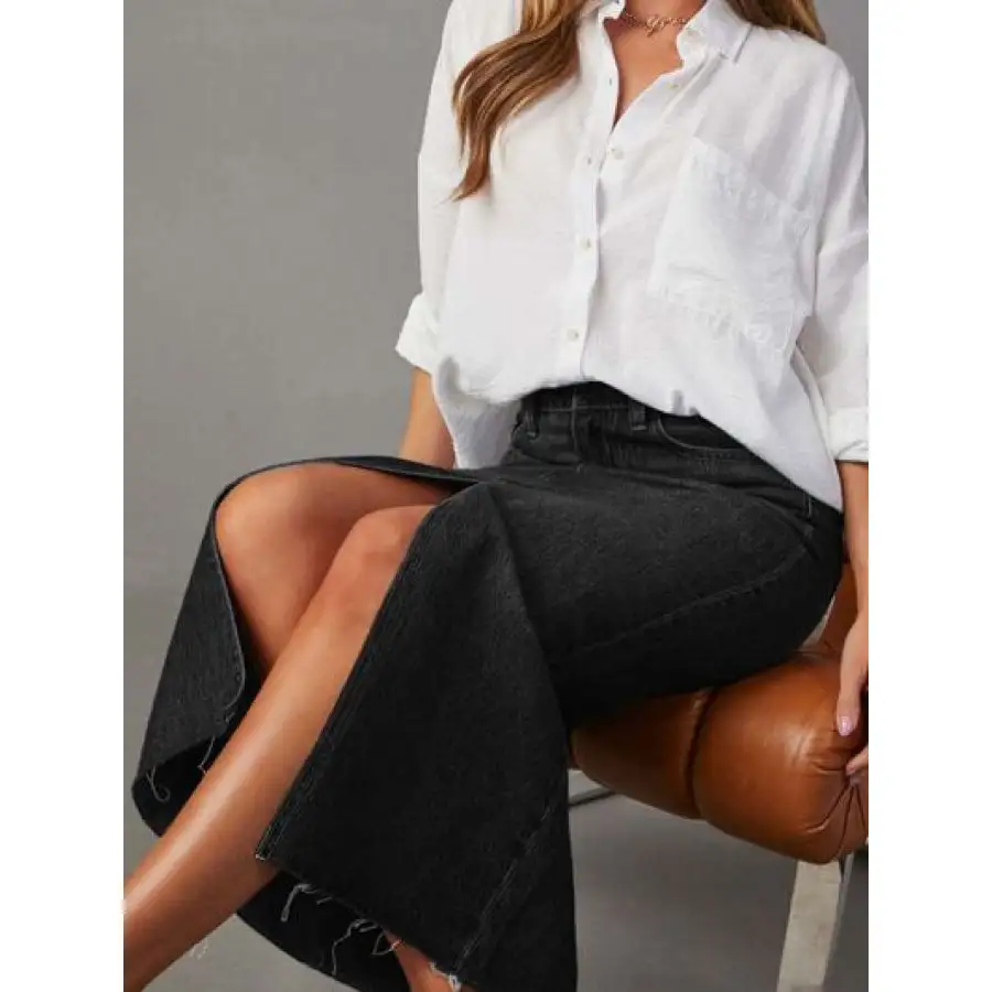 Raw Hem Front Slit Denim Midi Skirt