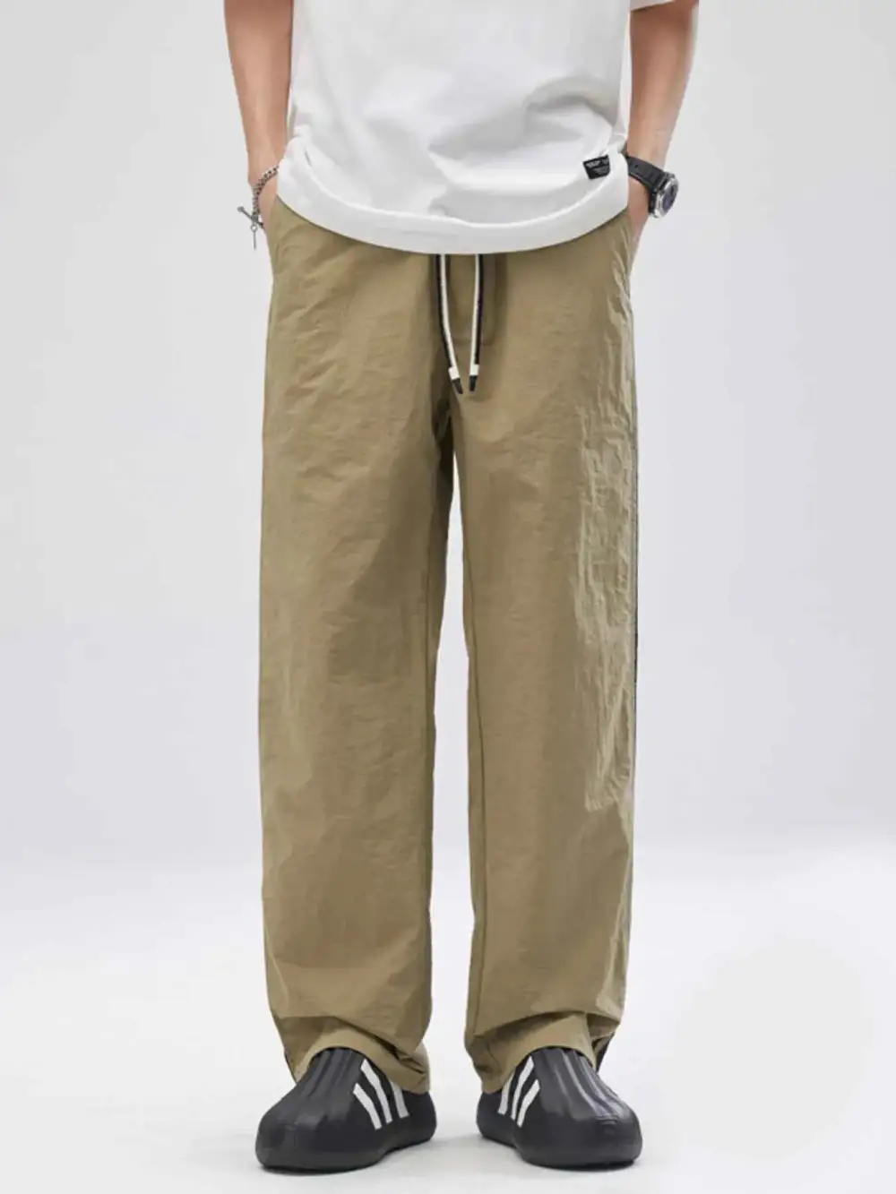 Drawstring Wide Leg Pants with Side Striped