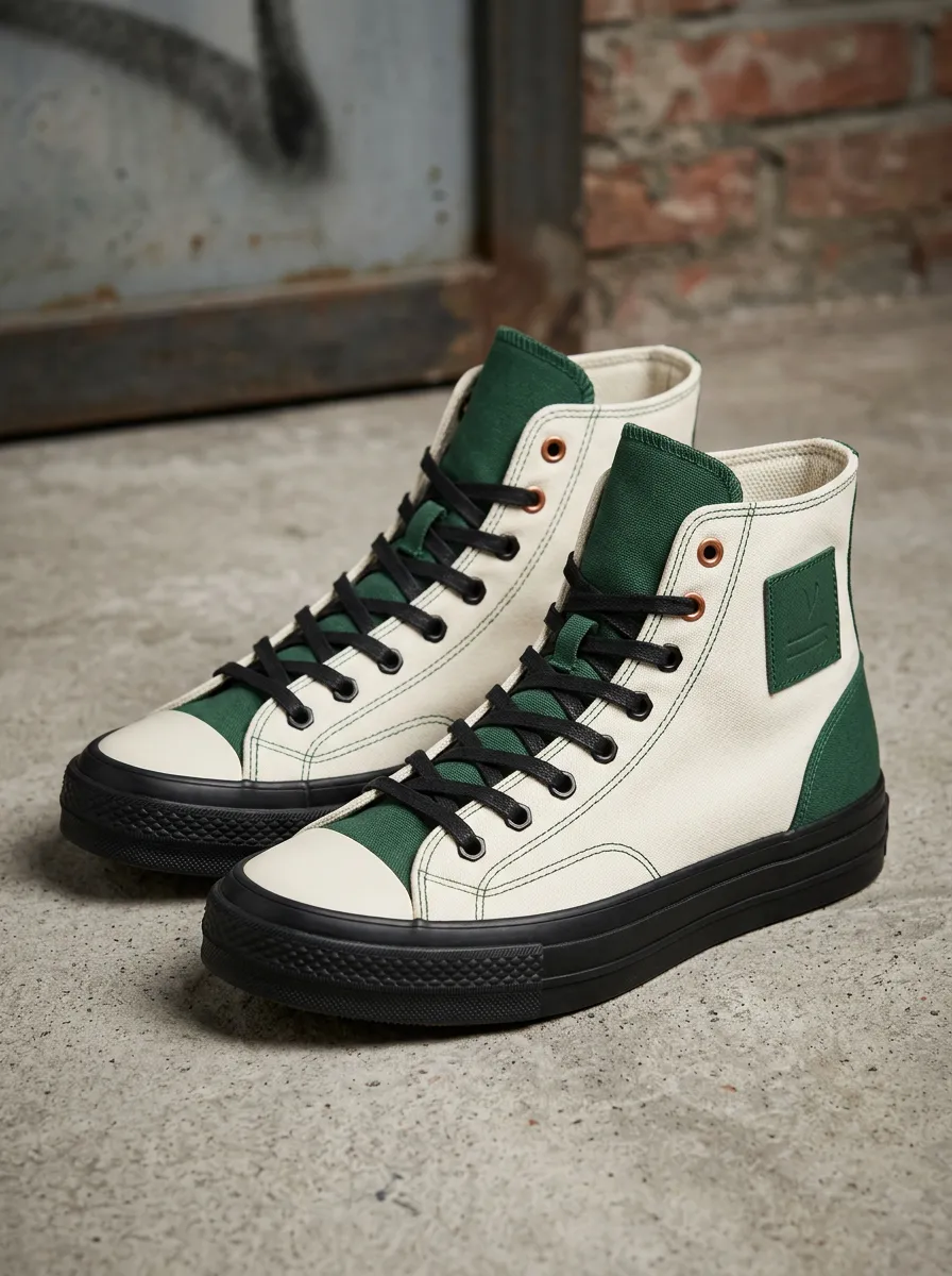 Men's Green and Cream Colorblock Canvas High Top Sneakers