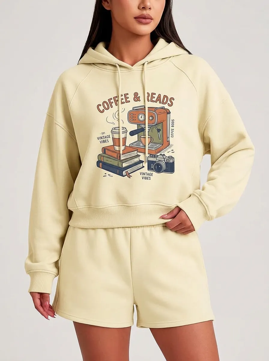 Women's Coffee Books Camera Lover Vintage Printed Hoodie