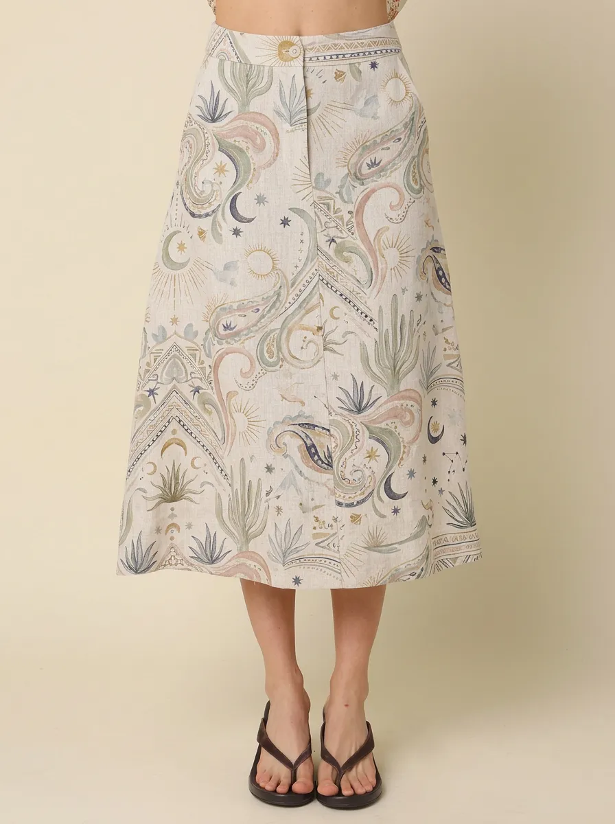 Women's Boho Celestial Desert Paisley Printed Midi Skirt